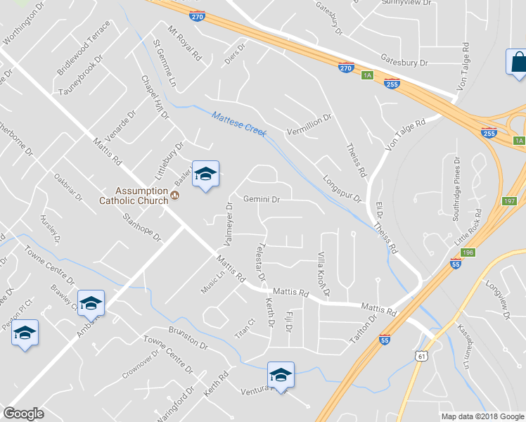 map of restaurants, bars, coffee shops, grocery stores, and more near 4522 Telestar Drive in St. Louis
