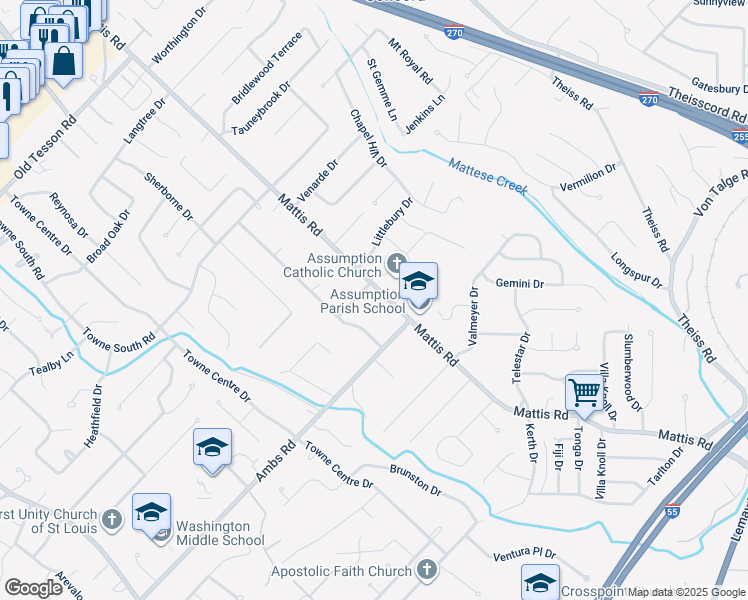 map of restaurants, bars, coffee shops, grocery stores, and more near 4720 Mattis Road in St. Louis