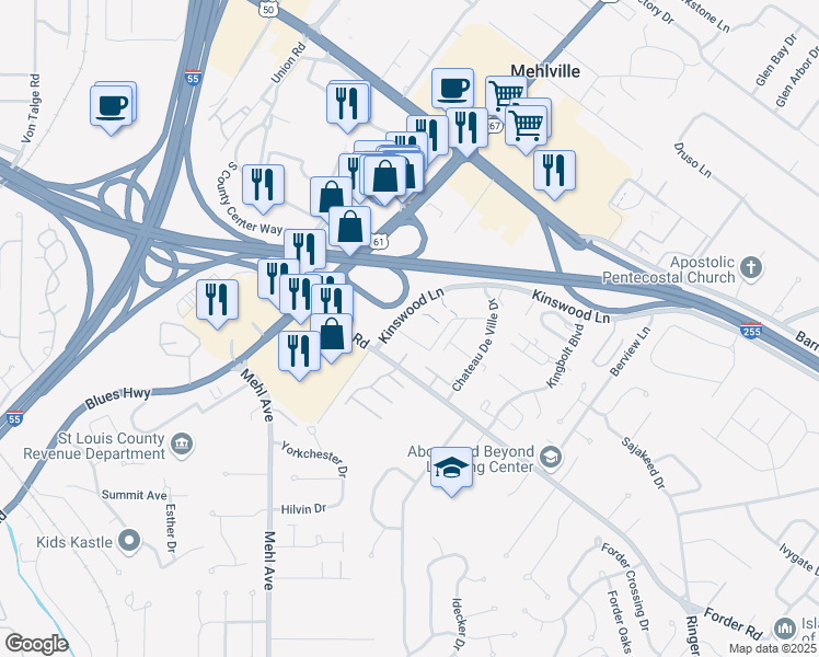 map of restaurants, bars, coffee shops, grocery stores, and more near 1192 Casa Brazilia Court in St. Louis