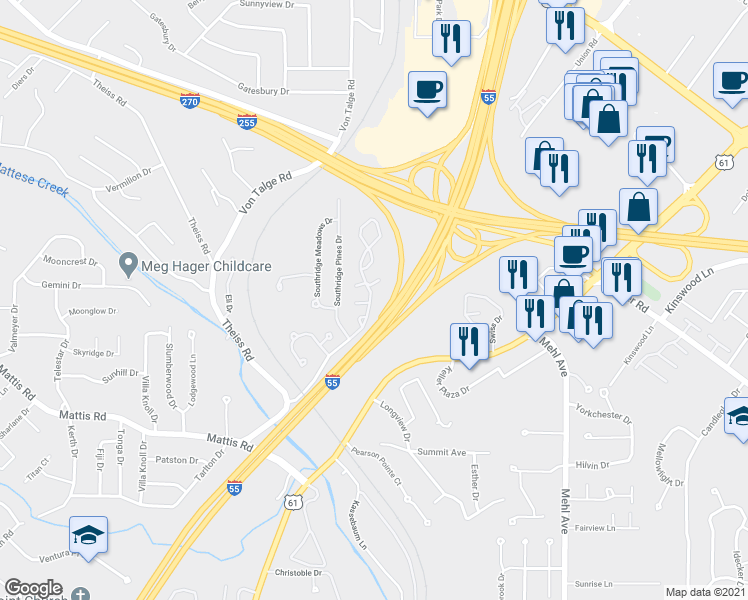 map of restaurants, bars, coffee shops, grocery stores, and more near 4588 Little Rock Road in St. Louis
