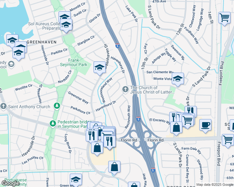 map of restaurants, bars, coffee shops, grocery stores, and more near 6948 Havenhurst Drive in Sacramento