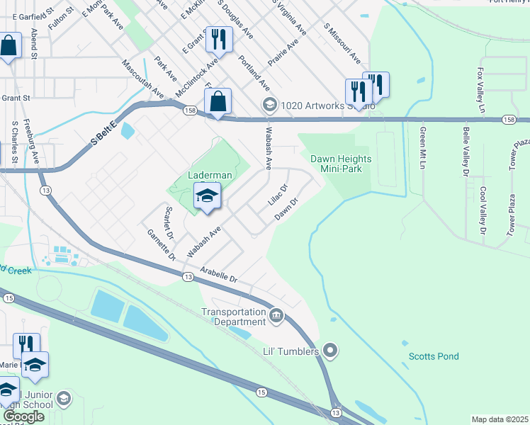 map of restaurants, bars, coffee shops, grocery stores, and more near 1165 Lilac Drive in Belleville