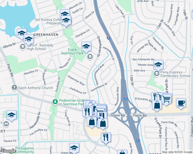 map of restaurants, bars, coffee shops, grocery stores, and more near 6948 Westmoreland Way in Sacramento