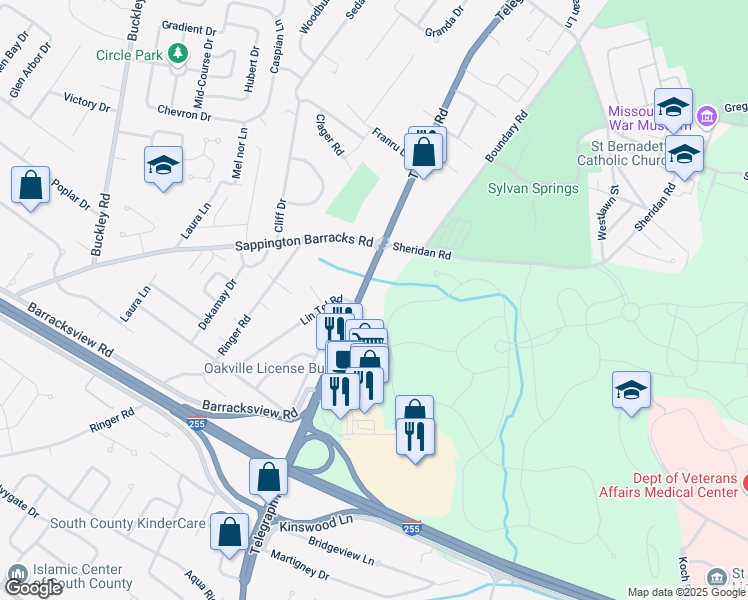 map of restaurants, bars, coffee shops, grocery stores, and more near 3054 Telegraph Road in St. Louis