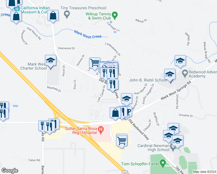 map of restaurants, bars, coffee shops, grocery stores, and more near 4787 Old Redwood Highway in Santa Rosa