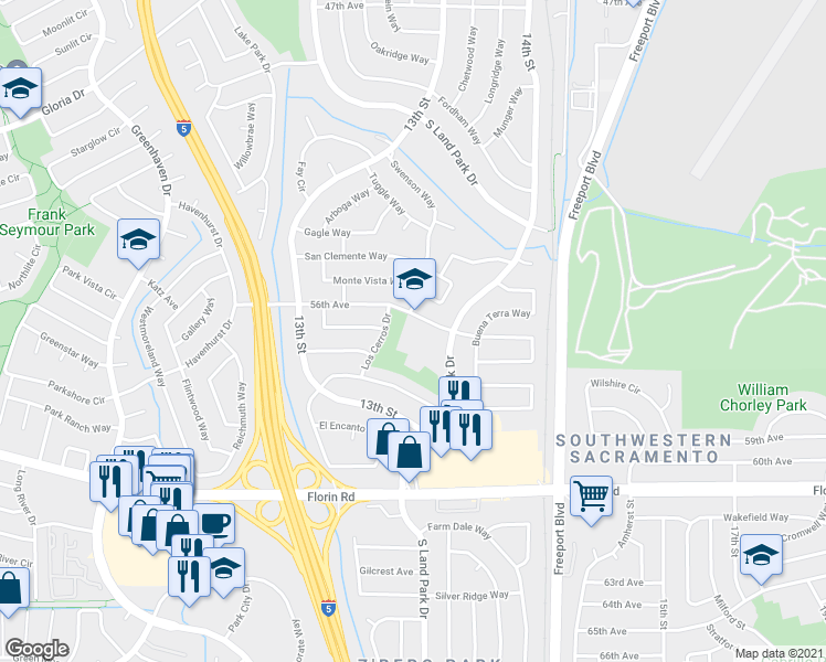 map of restaurants, bars, coffee shops, grocery stores, and more near 1250 56th Avenue in Sacramento