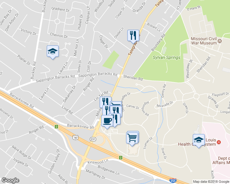 map of restaurants, bars, coffee shops, grocery stores, and more near 3054 Telegraph Road in St. Louis
