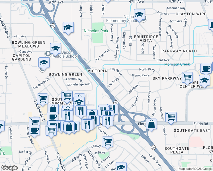 map of restaurants, bars, coffee shops, grocery stores, and more near 4944 1st Parkway in Sacramento