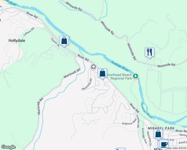 map of restaurants, bars, coffee shops, grocery stores, and more near 9600 Rio Vista Road in Forestville