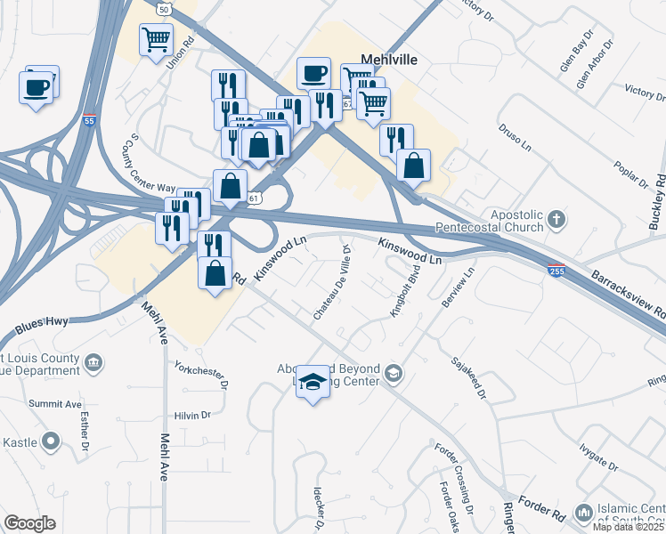 map of restaurants, bars, coffee shops, grocery stores, and more near 4215 Barcelos Drive in St. Louis