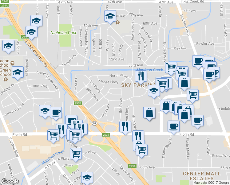 map of restaurants, bars, coffee shops, grocery stores, and more near 5225 Satellite Parkway in Sacramento