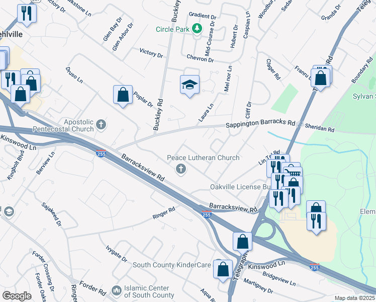 map of restaurants, bars, coffee shops, grocery stores, and more near 680 Damascus Drive in St. Louis