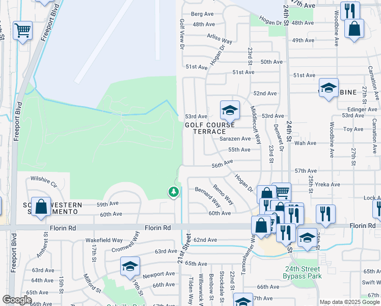 map of restaurants, bars, coffee shops, grocery stores, and more near 6930 21st Street in Sacramento