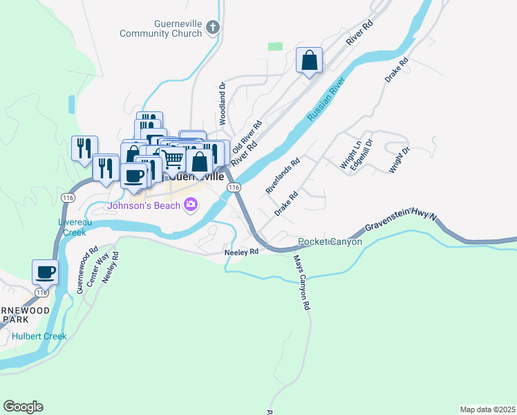 map of restaurants, bars, coffee shops, grocery stores, and more near 13803 California 116 in Guerneville
