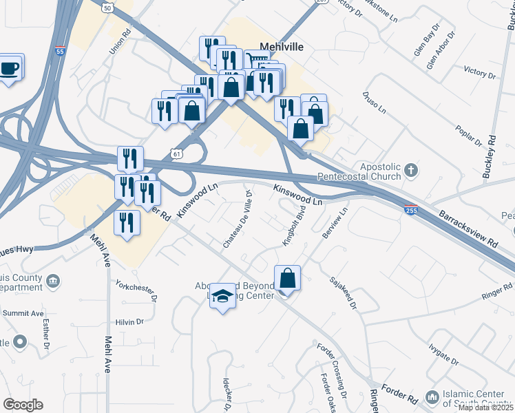 map of restaurants, bars, coffee shops, grocery stores, and more near 4290 Chateau De Ville Drive in St. Louis