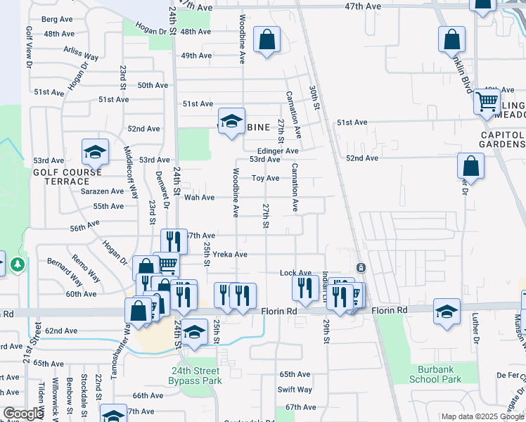 map of restaurants, bars, coffee shops, grocery stores, and more near 2635 Hing Avenue in Sacramento
