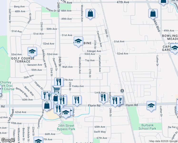 map of restaurants, bars, coffee shops, grocery stores, and more near 2635 Hing Avenue in Sacramento