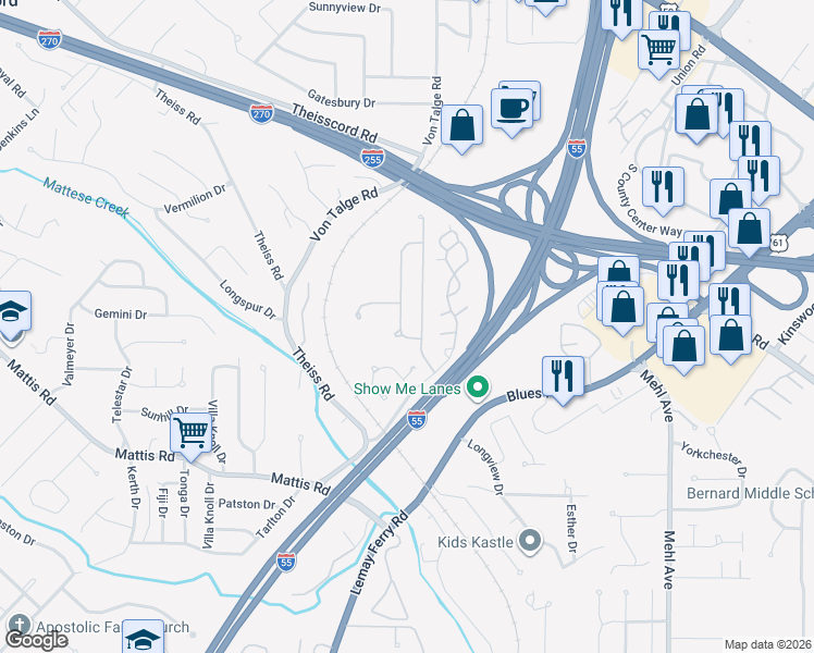 map of restaurants, bars, coffee shops, grocery stores, and more near 4595 Southridge Pines Drive in St. Louis