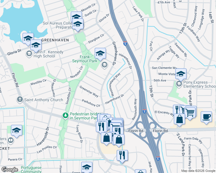 map of restaurants, bars, coffee shops, grocery stores, and more near 6948 Westmoreland Way in Sacramento