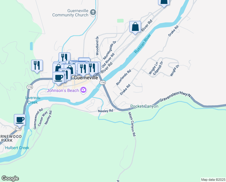 map of restaurants, bars, coffee shops, grocery stores, and more near 16214 Gravenstein Highway North in Guerneville