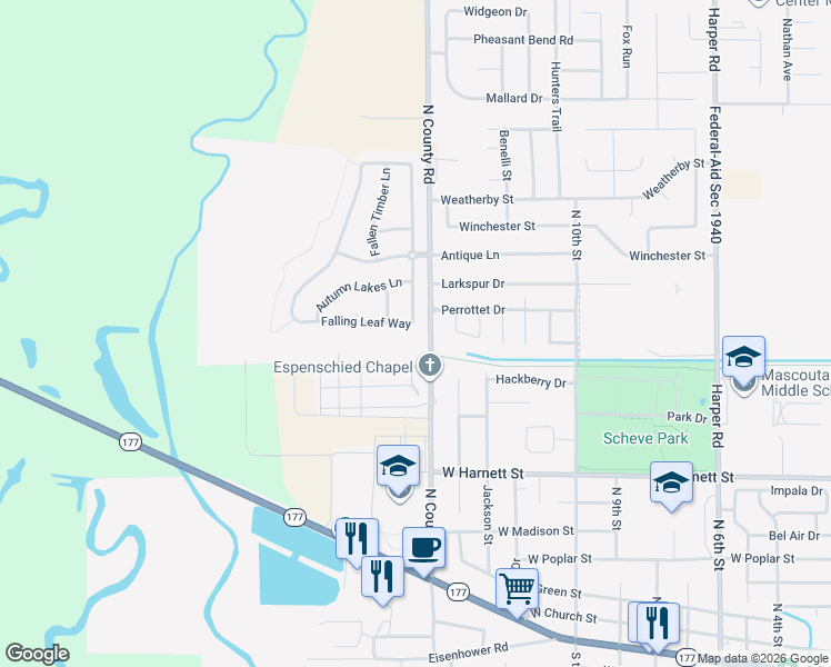 map of restaurants, bars, coffee shops, grocery stores, and more near 148 Falling Leaf Way in Mascoutah