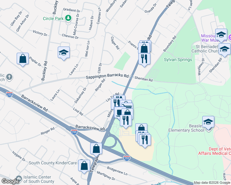 map of restaurants, bars, coffee shops, grocery stores, and more near 3117 Lin Tel Road in St. Louis