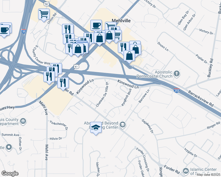 map of restaurants, bars, coffee shops, grocery stores, and more near 4290 Chateau De Ville Drive in St. Louis