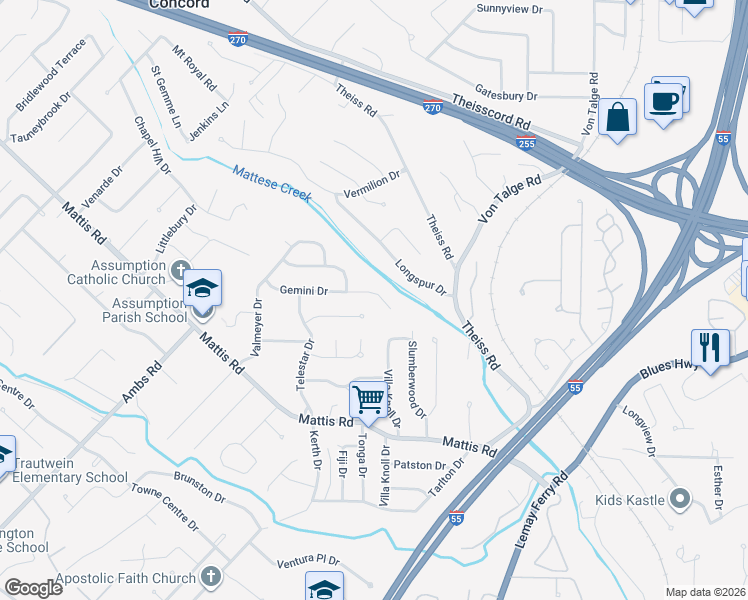 map of restaurants, bars, coffee shops, grocery stores, and more near 4440 Gemini Drive in St. Louis