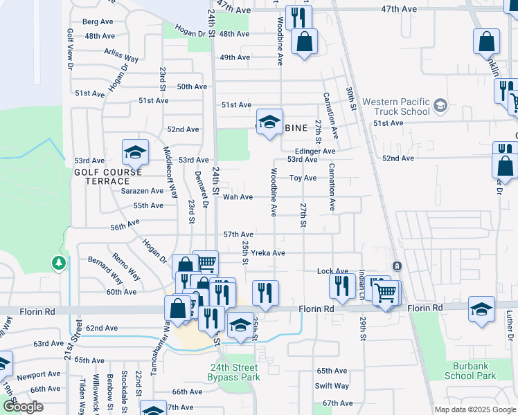 map of restaurants, bars, coffee shops, grocery stores, and more near 2536 Wah Avenue in Sacramento