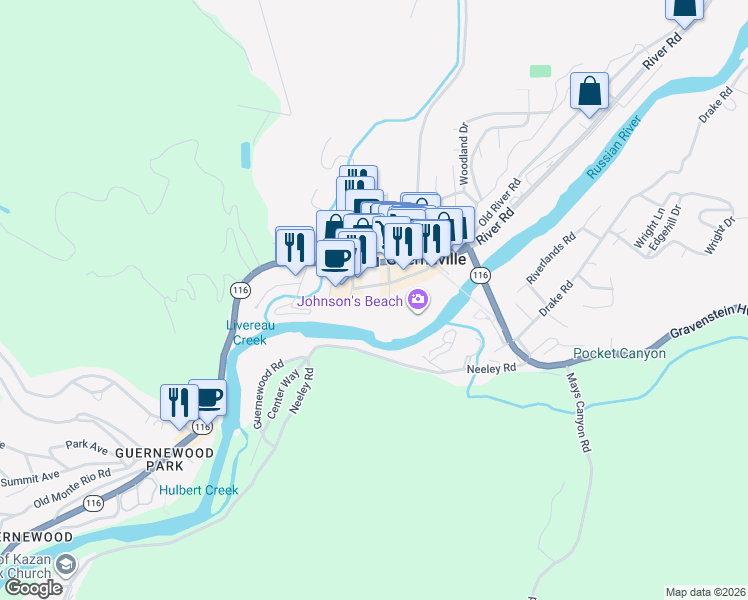 map of restaurants, bars, coffee shops, grocery stores, and more near 16351 1st Street in Guerneville