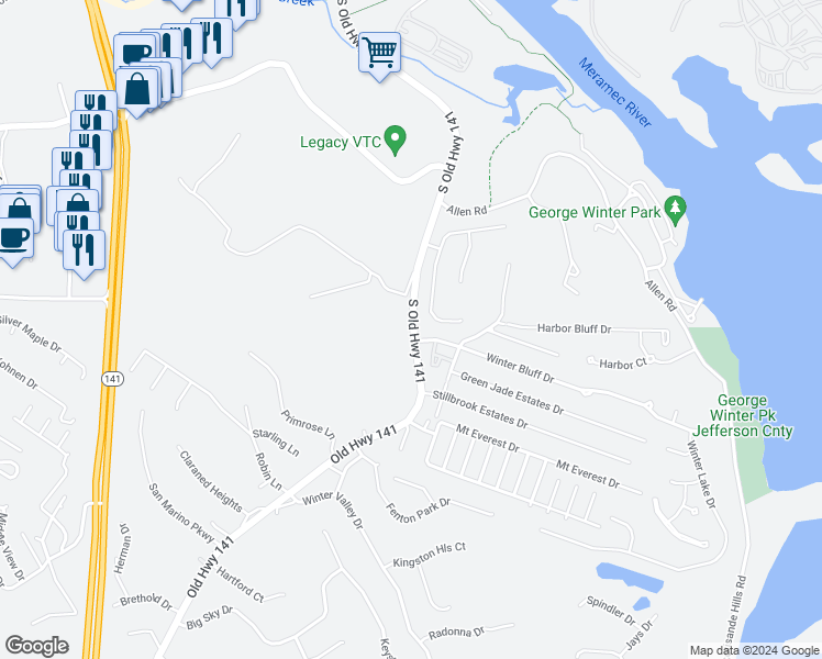 map of restaurants, bars, coffee shops, grocery stores, and more near 615 South Old Highway 141 in Fenton