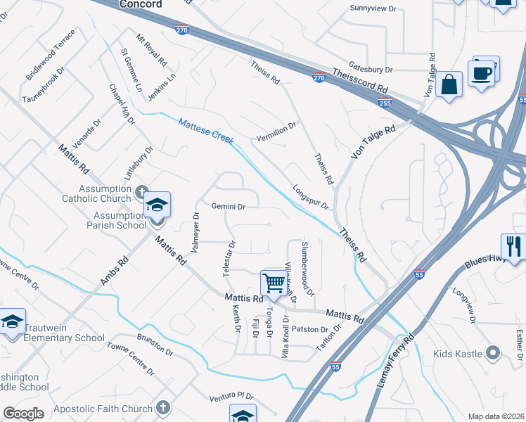 map of restaurants, bars, coffee shops, grocery stores, and more near 4440 Gemini Drive in St. Louis