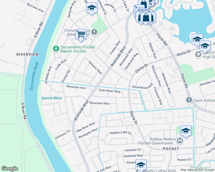 map of restaurants, bars, coffee shops, grocery stores, and more near 361 Deer River Way in Sacramento