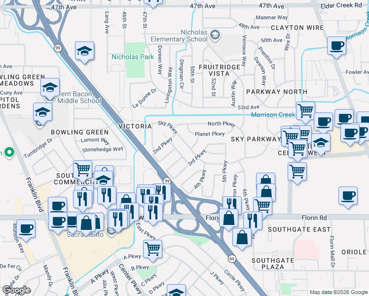 map of restaurants, bars, coffee shops, grocery stores, and more near 5029 Spica Parkway in Sacramento