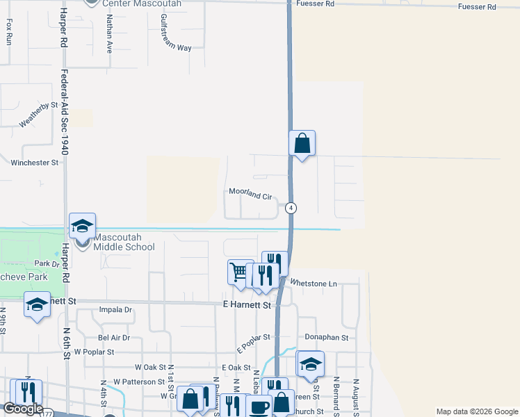 map of restaurants, bars, coffee shops, grocery stores, and more near 722 Moorland Circle in Mascoutah