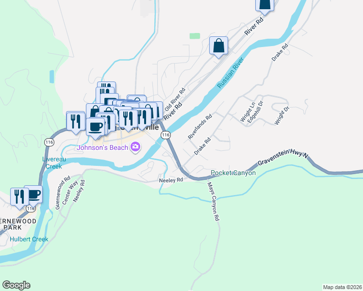 map of restaurants, bars, coffee shops, grocery stores, and more near 16124 Drake Road in Guerneville