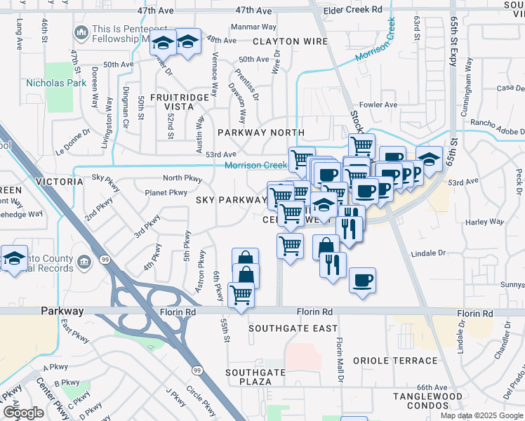 map of restaurants, bars, coffee shops, grocery stores, and more near 5500 Sky Parkway in Sacramento