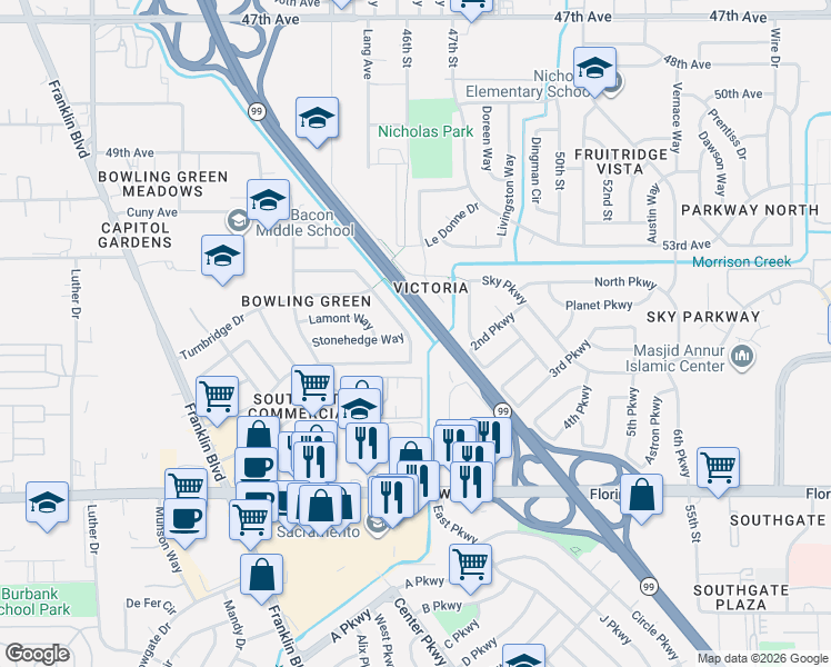 map of restaurants, bars, coffee shops, grocery stores, and more near 6949 Chevy Chase Way in Sacramento