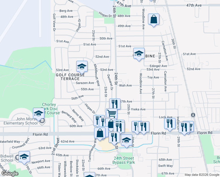 map of restaurants, bars, coffee shops, grocery stores, and more near 6940 Demaret Drive in Sacramento