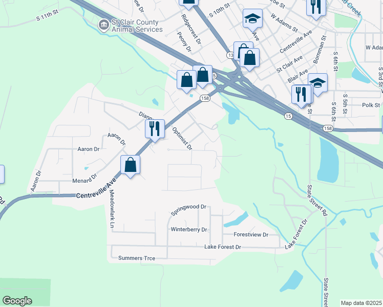 map of restaurants, bars, coffee shops, grocery stores, and more near 17 Arapaho Drive in Belleville