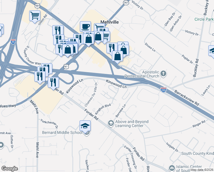 map of restaurants, bars, coffee shops, grocery stores, and more near 4290 Chateau De Ville Drive in St. Louis