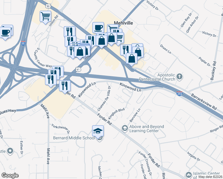 map of restaurants, bars, coffee shops, grocery stores, and more near 4290 Chateau De Ville Drive in St. Louis