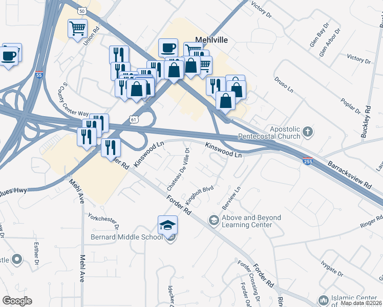 map of restaurants, bars, coffee shops, grocery stores, and more near 4290 Chateau De Ville Drive in St. Louis
