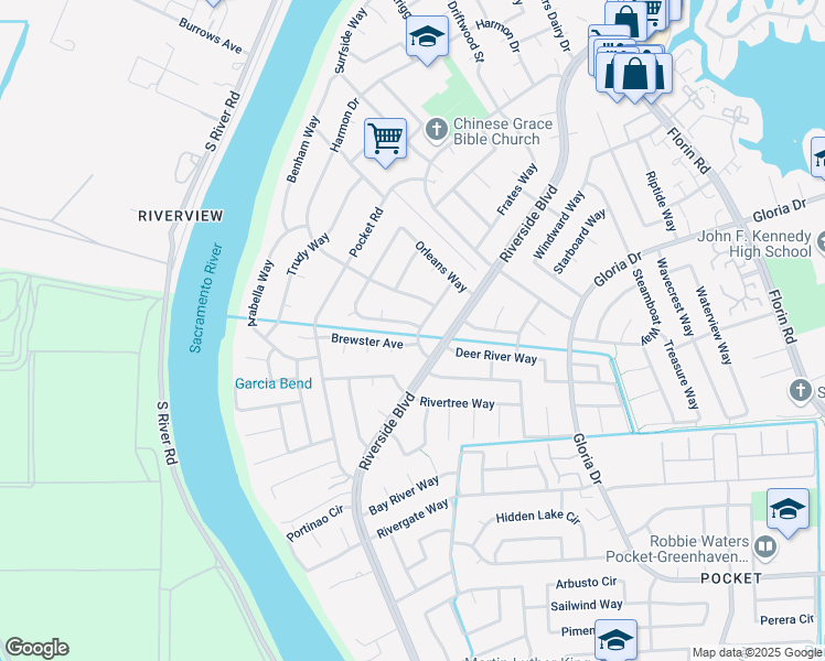 map of restaurants, bars, coffee shops, grocery stores, and more near 300 Brewster Avenue in Sacramento
