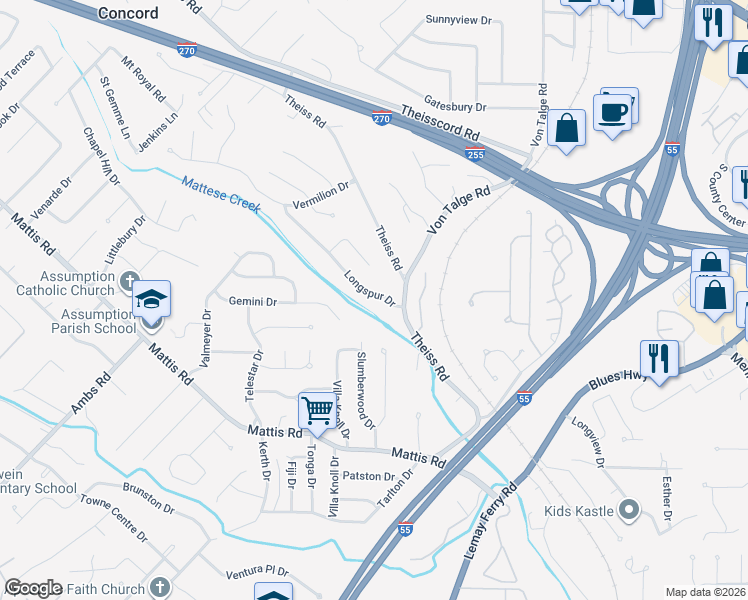map of restaurants, bars, coffee shops, grocery stores, and more near 4616 Longspur Drive in St. Louis