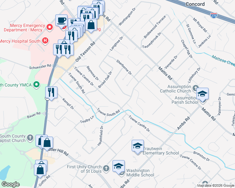 map of restaurants, bars, coffee shops, grocery stores, and more near 5045 Towne Centre Drive in St. Louis