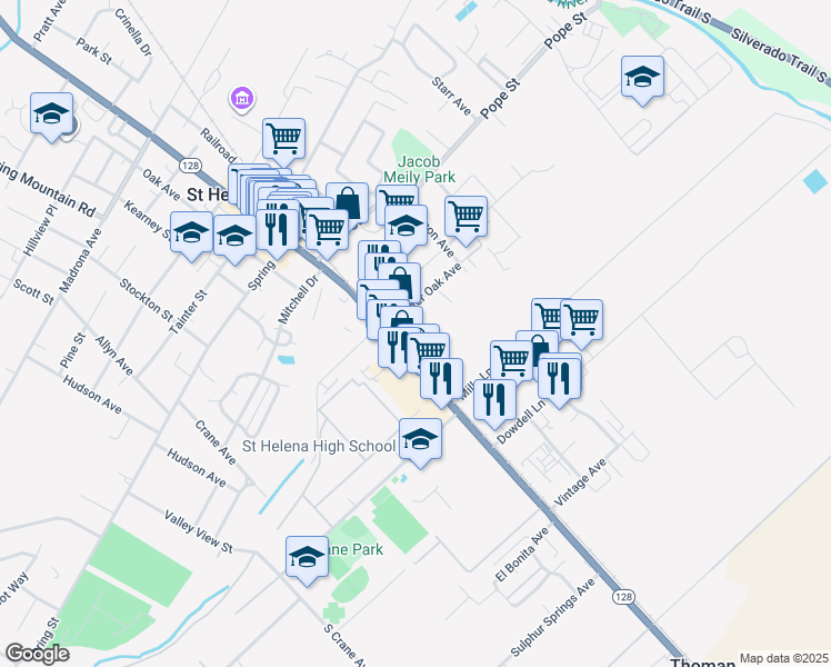 map of restaurants, bars, coffee shops, grocery stores, and more near 738 Main Street in Saint Helena