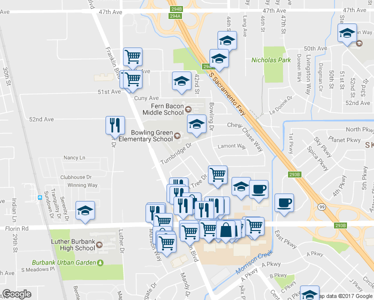 map of restaurants, bars, coffee shops, grocery stores, and more near 4130 Turnbridge Drive in Sacramento