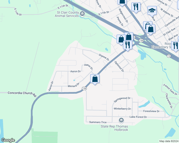 map of restaurants, bars, coffee shops, grocery stores, and more near 1601 Menard Drive in Belleville