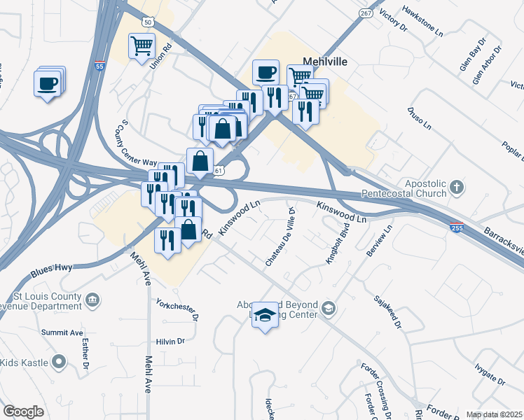 map of restaurants, bars, coffee shops, grocery stores, and more near 4311 Casa Brazilia Drive in St. Louis